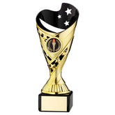 GOLD/BLK PLASTIC 'SABRE' CUP ON BLK MARBLE ASSEMBLED TROPHY (1" CEN) - 7.25in